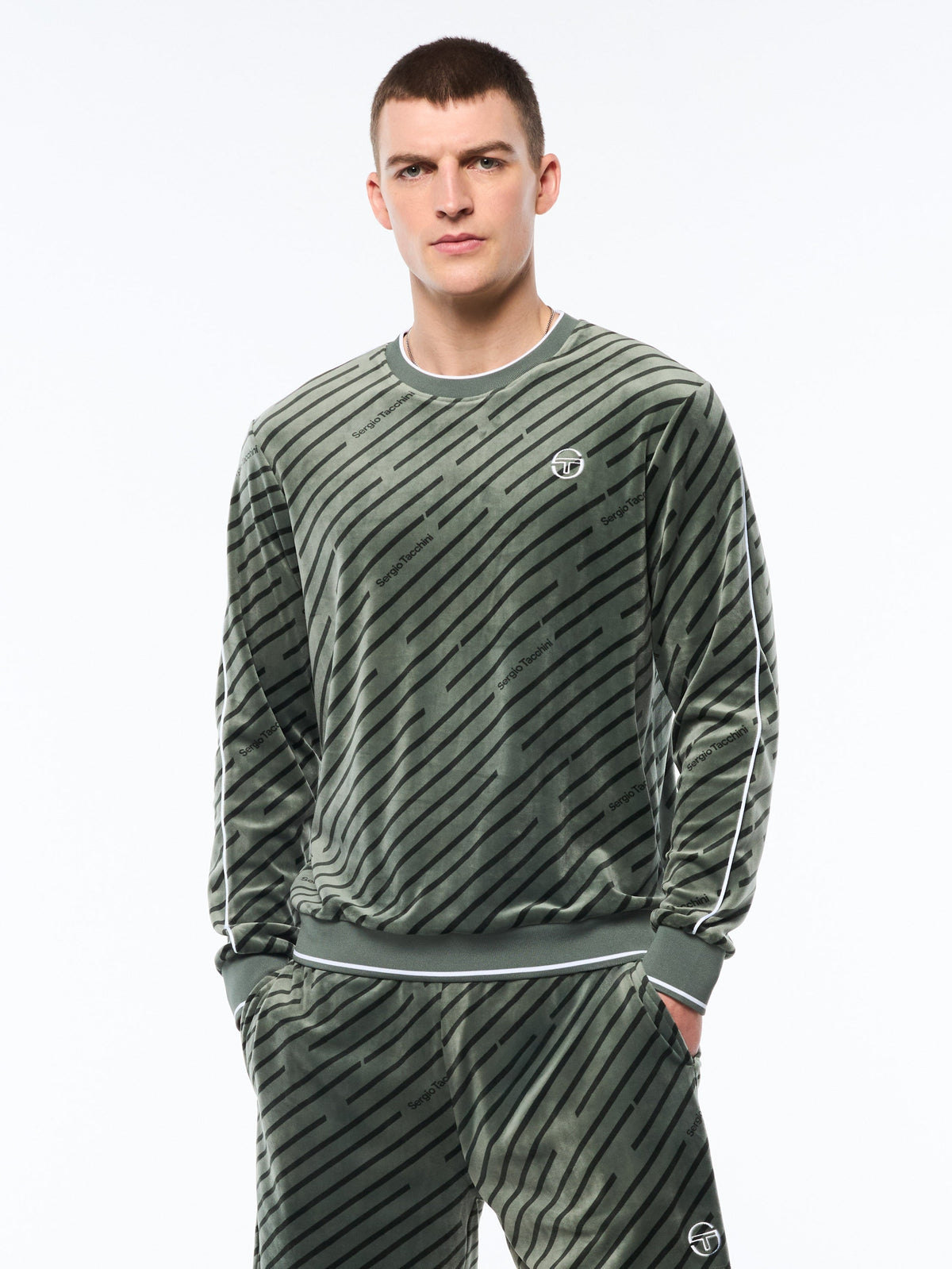 Obliquo Velour Crewneck-Agave Green